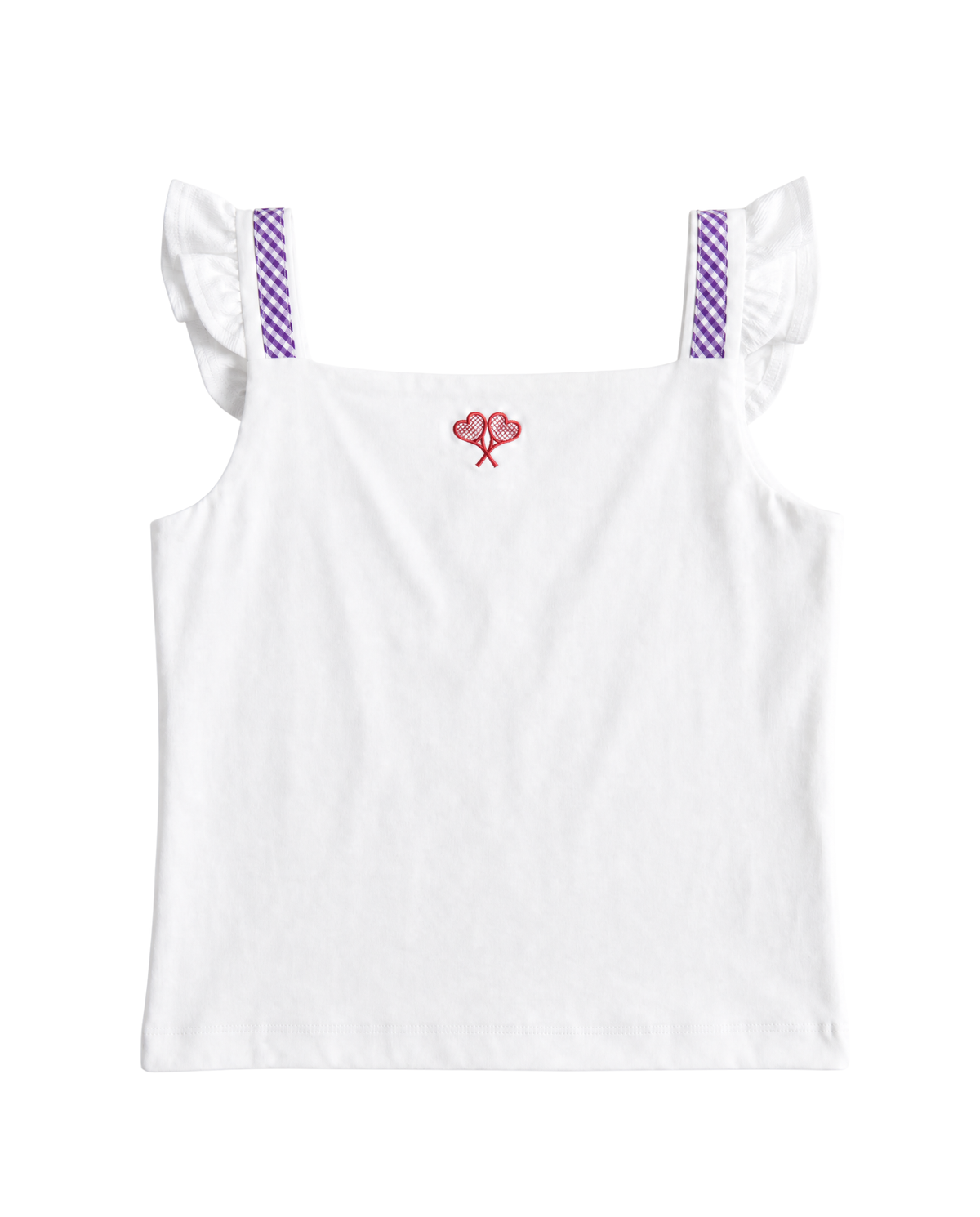 A white sleeveless children's top with ruffled shoulder straps featuring a purple and white gingham pattern, and a small red embroidered heart motif at the center of the chest.
