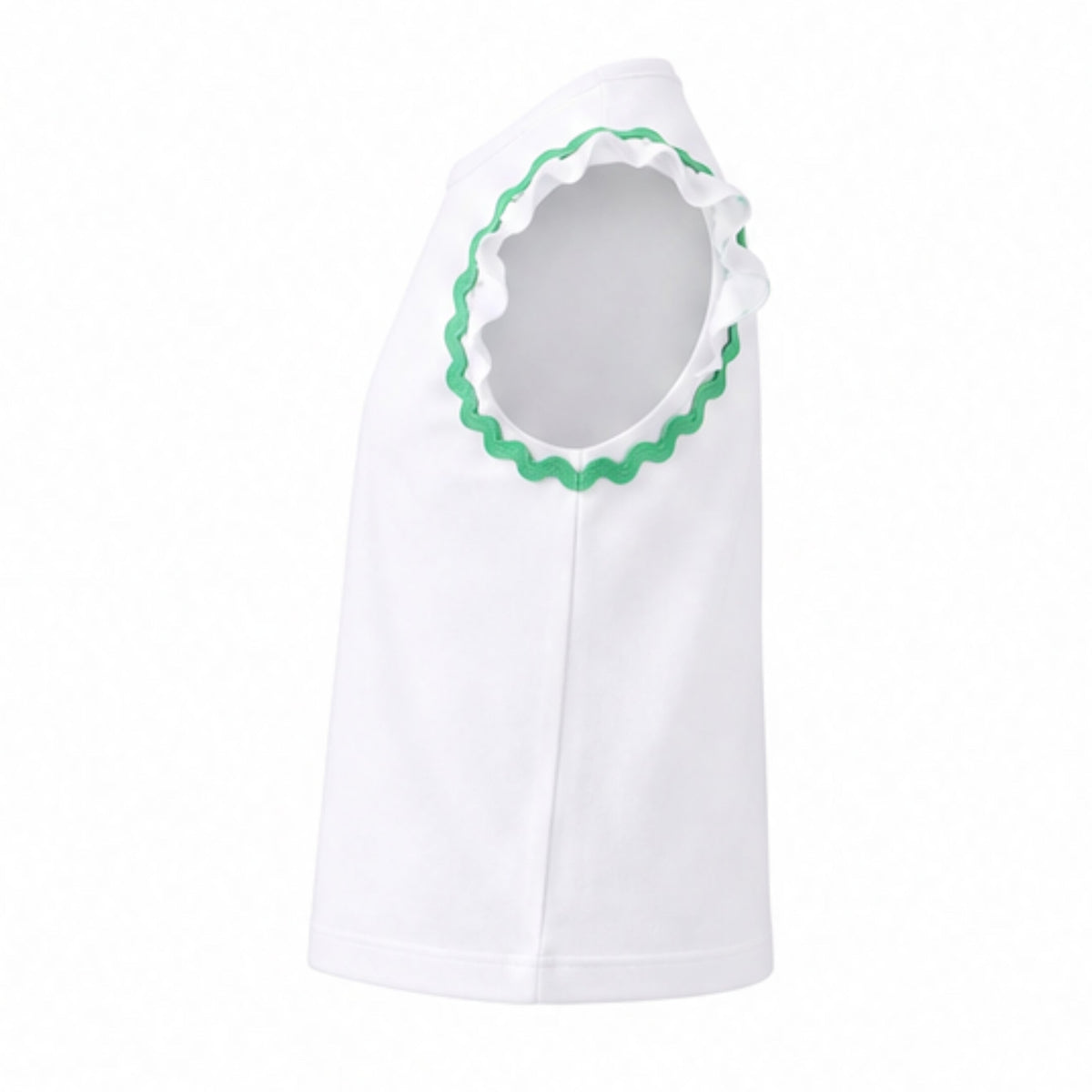 White baby outfit with green trim on a white background