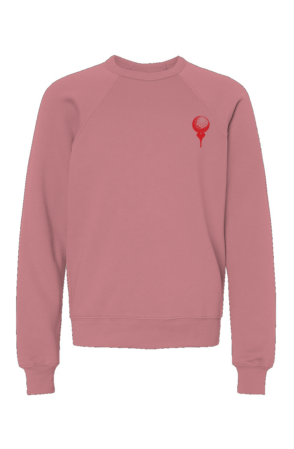 Mauve sweatshirt with red tee'd up golf ball on the left side of the chest set against a white background