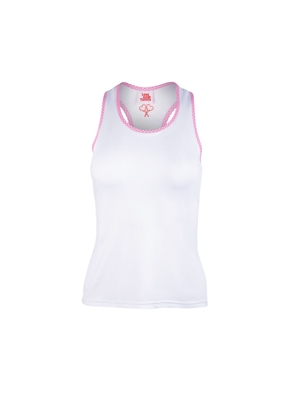 White tank top with pink trim on a white background