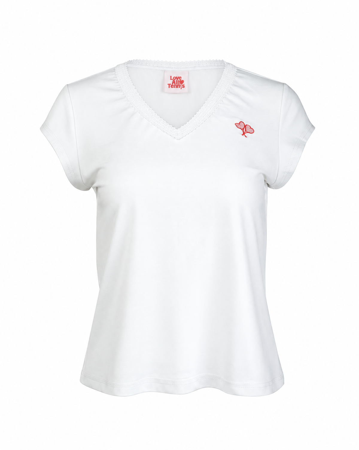 A white short-sleeve V-neck t-shirt with a small red embroidered fish logo on the left chest, displayed on a clean white background.