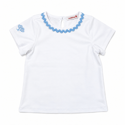 A white short-sleeve baby top with a light blue scalloped collar and a small blue butterfly motif on the left sleeve, shown flat on a white background.