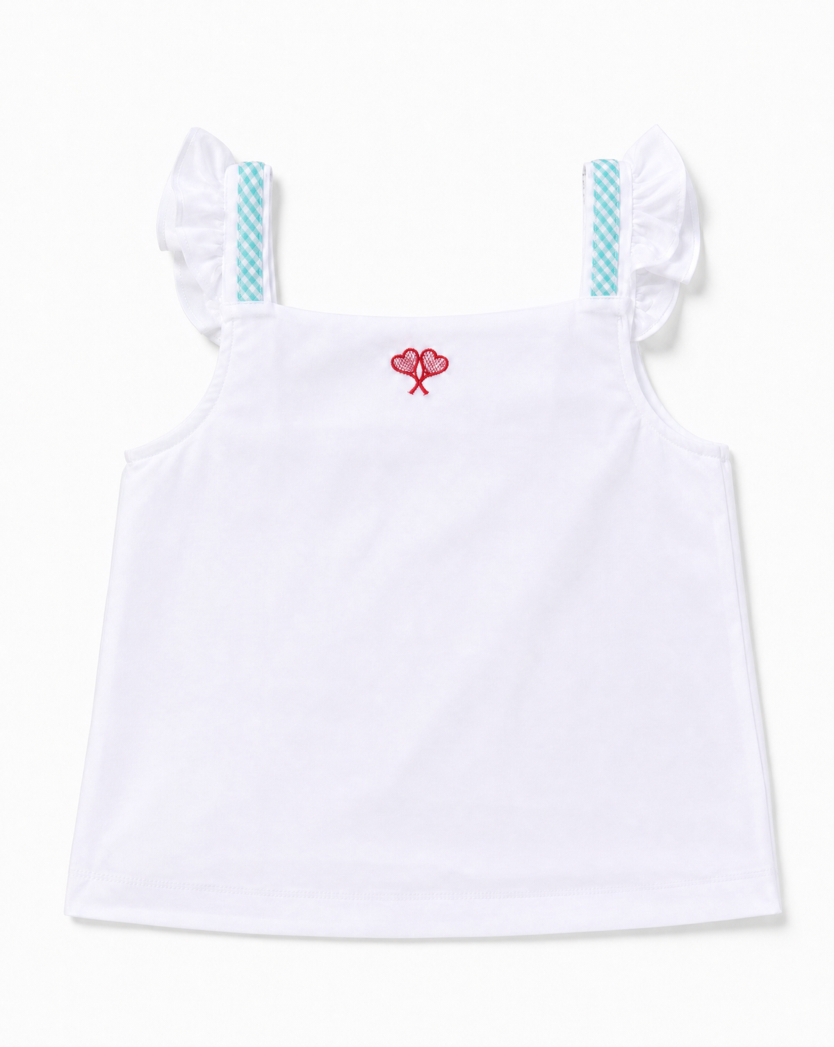 A white sleeveless children's top with ruffled shoulder straps featuring a light blue and white checkered pattern, and a small red embroidered motif at the center of the chest.