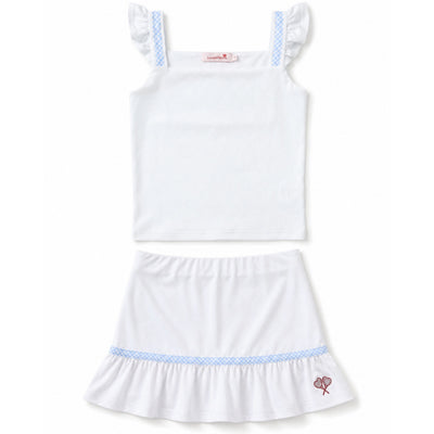 White dress with blue trim on a white background