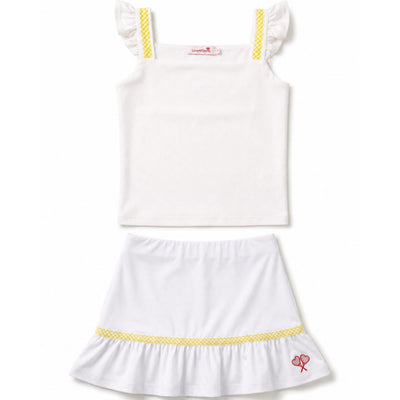 White dress with yellow trim on a white background
