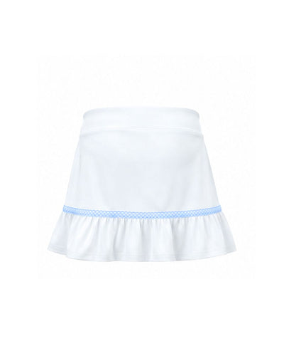 White skirt with a light blue trim on a white background