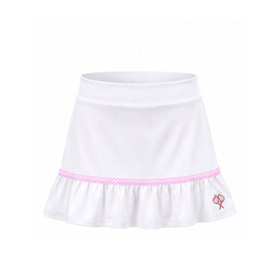 White skirt with pink trim on a white background