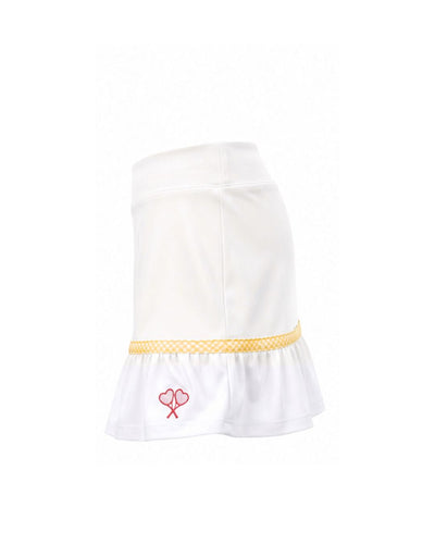 White skirt with yellow trim and red heart design on a white background