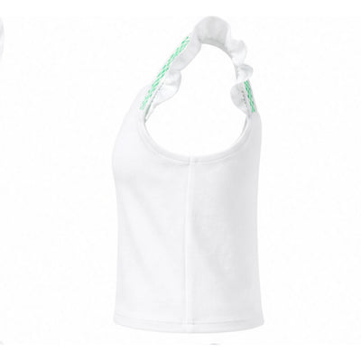 White tank top with green accents on a white background