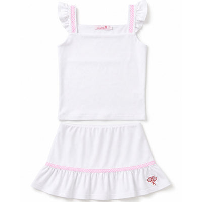White dress with pink trim on a white background