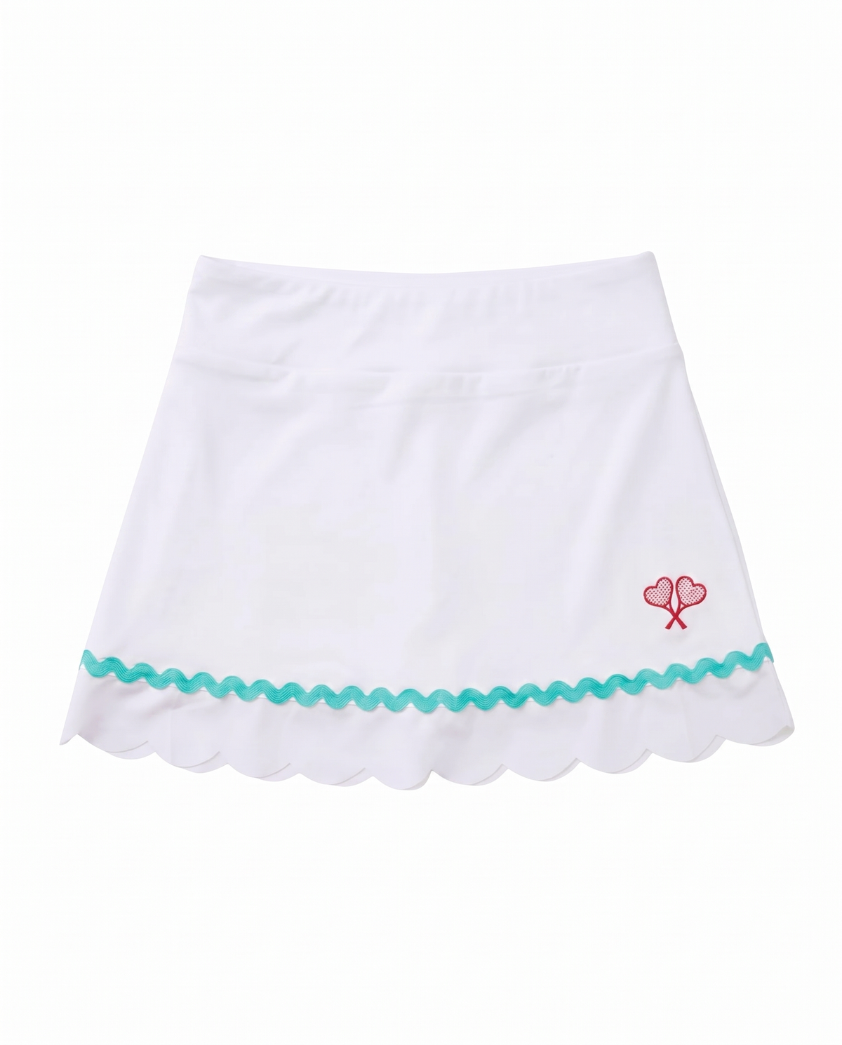 A white A-line skirt with a scalloped hem, a turquoise wavy trim line, and a small red embroidered hearts motif on the right side, shown against a plain white background.
