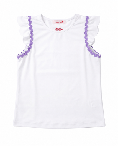 A white sleeveless children's top with purple scalloped trim along the shoulder yokes, featuring a round neckline.