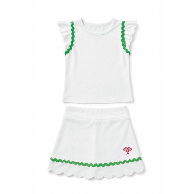 White sleeveless top and skirt set with green trim on a white background