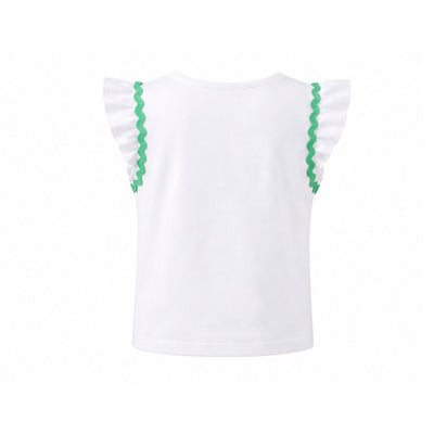 White top with green trim on a white background