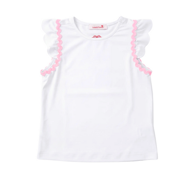 White sleeveless top with pink trim on a white background