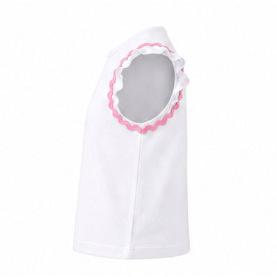 White top with pink trim on a white background