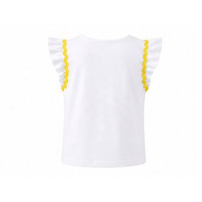 White top with yellow trim on a white background