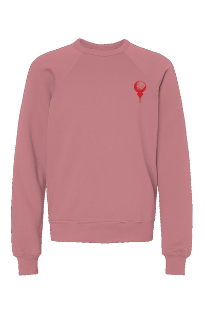 Mauve sweatshirt with red tee'd up golf ball on the left side of the chest set against a white background