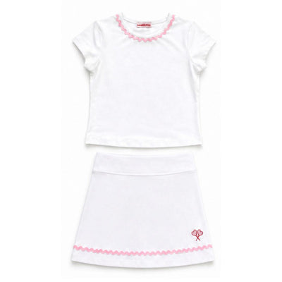 White dress with pink trim on a white background