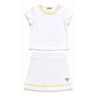 White dress with yellow trim on a white background