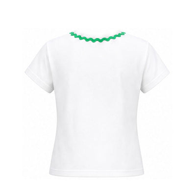 White t-shirt with green decorative neckline on a white background