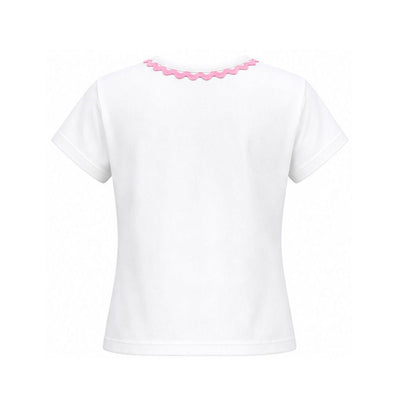 White t-shirt with pink trim on a white background