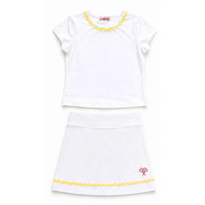 White top and skirt with yellow trim on a white background