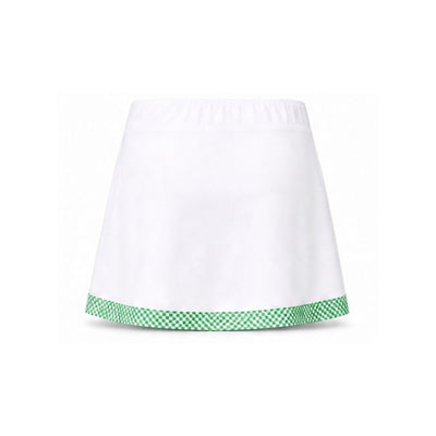 A white skirt with a green and white checkered patterned hem, shown against a plain white background.