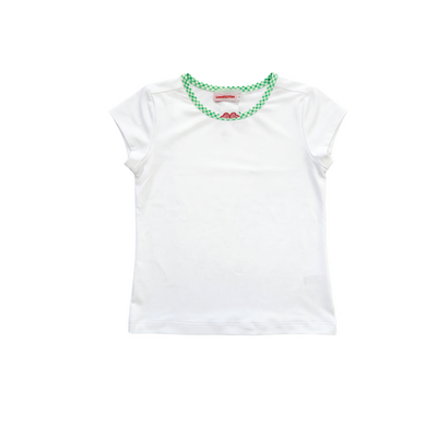 White t-shirt with a green necklace on a white background