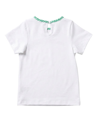 A white short-sleeve baby t-shirt shown from the back, featuring a green and white checkered rope-style collar with a small keyhole closure and a decorative bow.