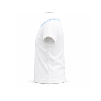 White t-shirt with blue accents on a white background