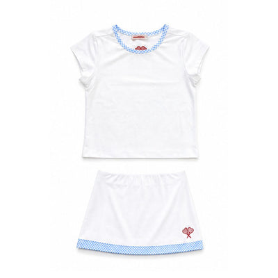 White tennis outfit with blue trim on a white background
