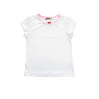 White t-shirt with pink trim on a white background