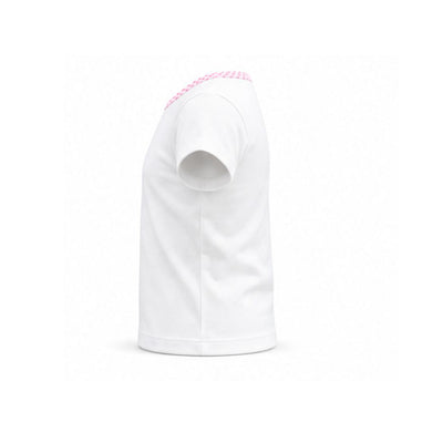 White t-shirt with pink trim on a white background