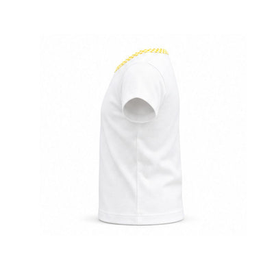 White t-shirt with yellow trim on a white background