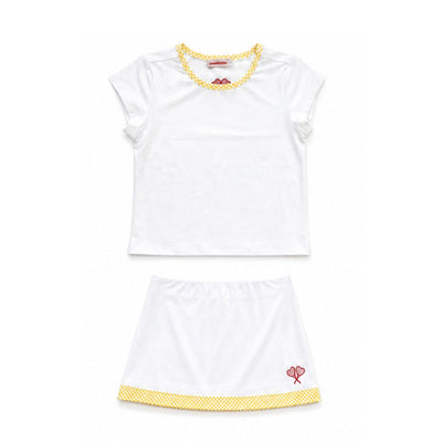 White tennis outfit with yellow accents on a white background