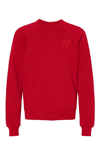 Red sweatshirt with red logo on flat white background