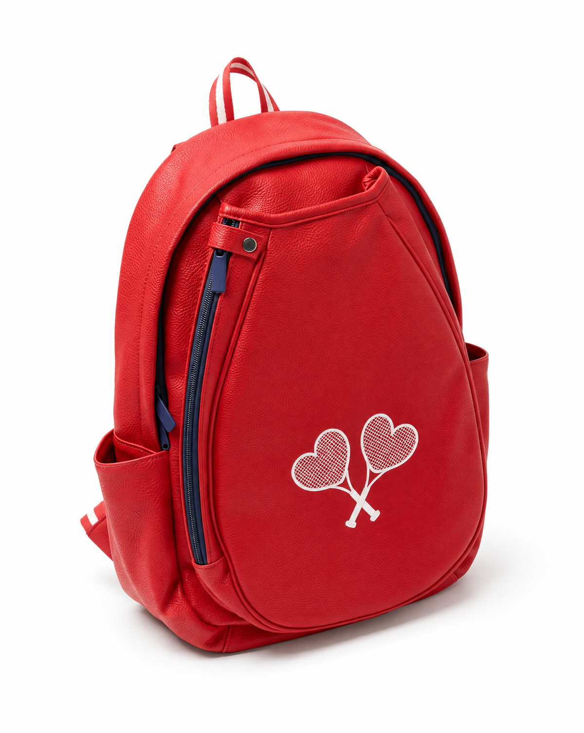 A red backpack with a white embroidered design of two tennis rackets forming a heart, shown on a clean white background.