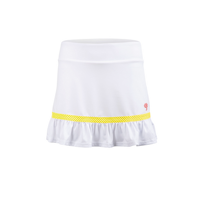White skirt with yellow trim on a white background