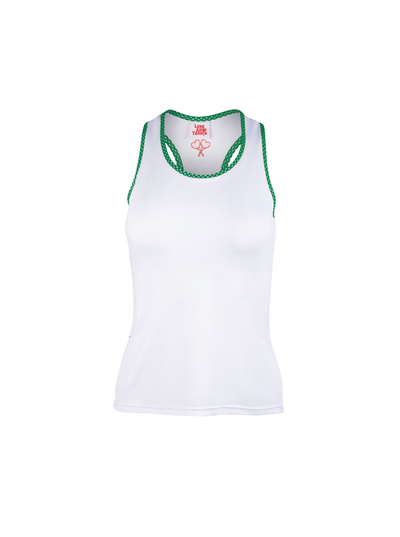 White tank top with green trim on a white background