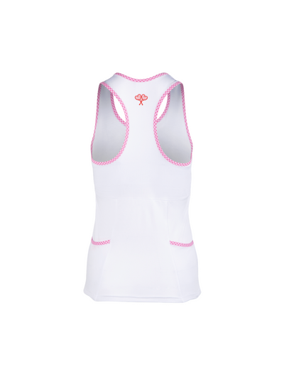 White tank top with pink accents on a white background