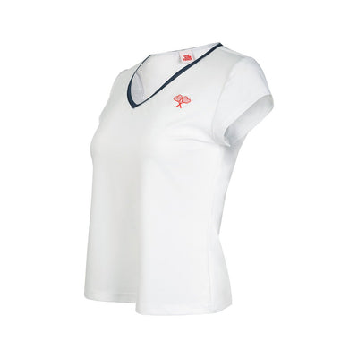 White top with a small logo on a white background