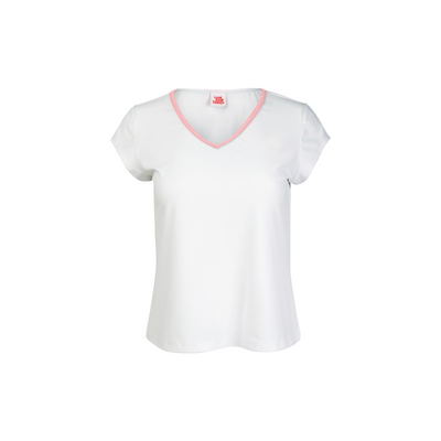 White t-shirt with pink trim on a white background