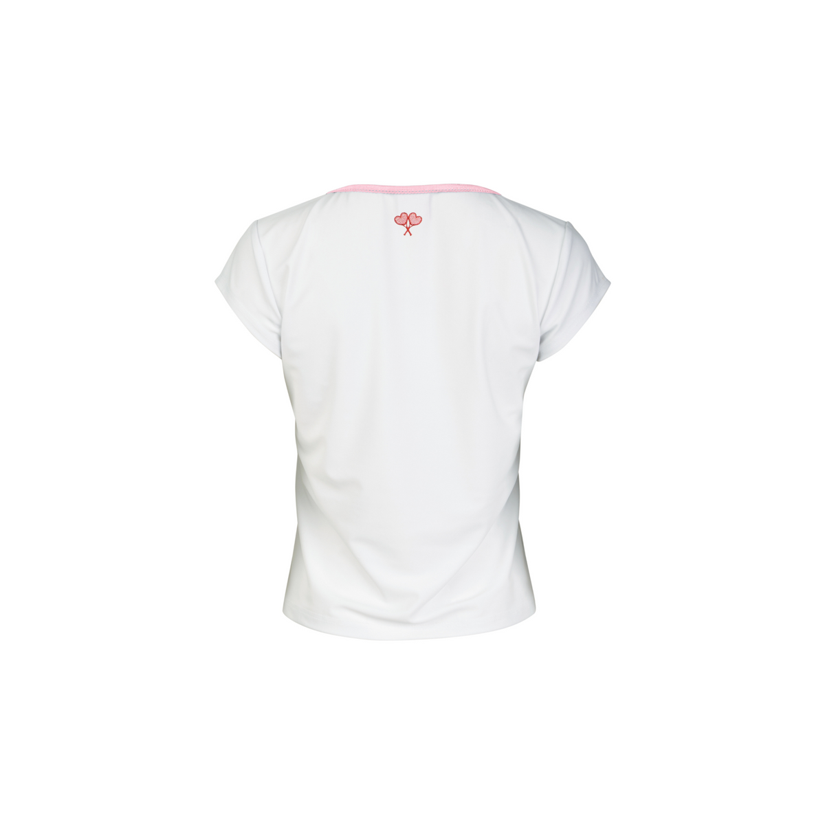 White t-shirt with a small logo on the chest against a white background