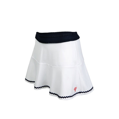 White skirt with navy trim on a white background