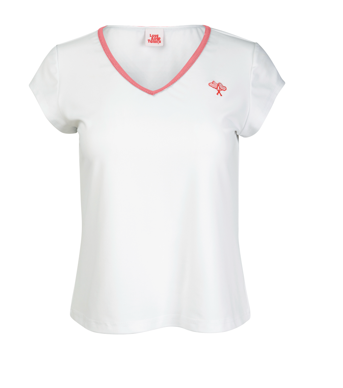 White t-shirt with pink trim on a white background