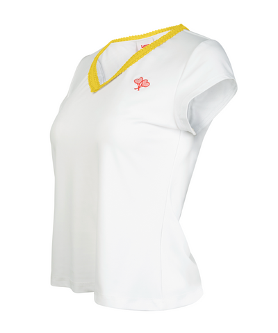 White sleeveless top with yellow neckline and red logo on a white background