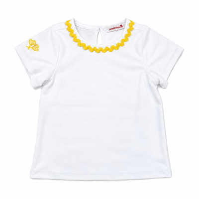 A white short-sleeve baby tee with a yellow scalloped collar and a yellow embroidered butterfly on the left sleeve, shown flat on a white background.